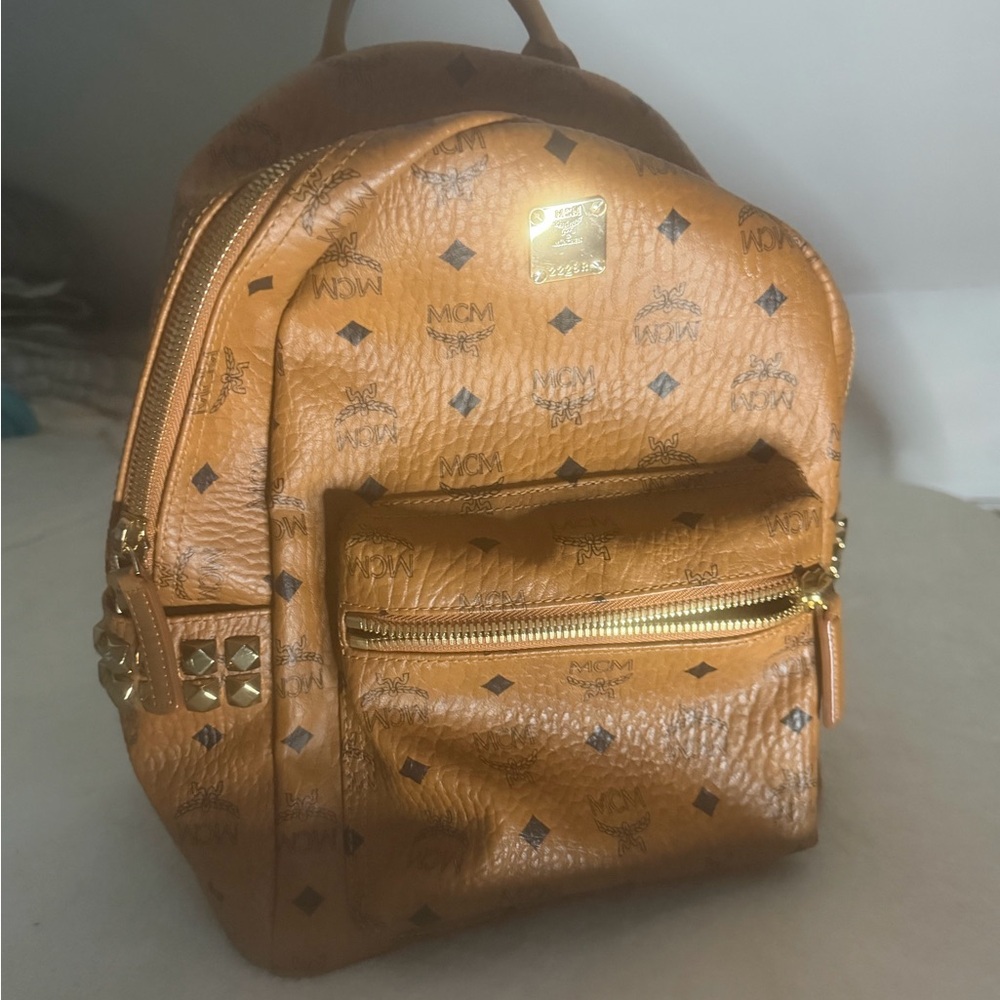 MCM Tan Backpack with Gold Details